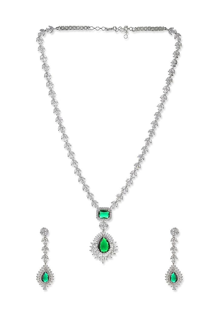 White Finish American Diamond Long Necklace Set by Ritu Singh at Pernia's Pop Up Shop