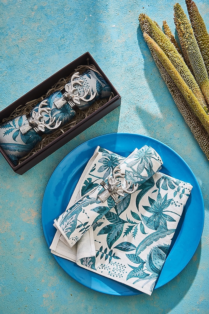 Silver Antler Napkin Rings & Printed Napkins (Set of 4) by Rishi & Vibhuti - Homeware