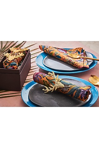Gold Antler Napkin Rings & Printed Napkins (Set of 4) by Rishi & Vibhuti - Homeware