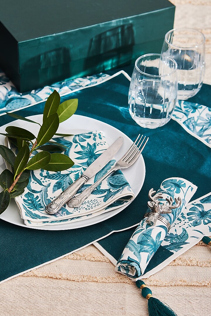 Teal & White Printed Tablescape Set by Rishi & Vibhuti - Homeware at Pernia's Pop Up Shop