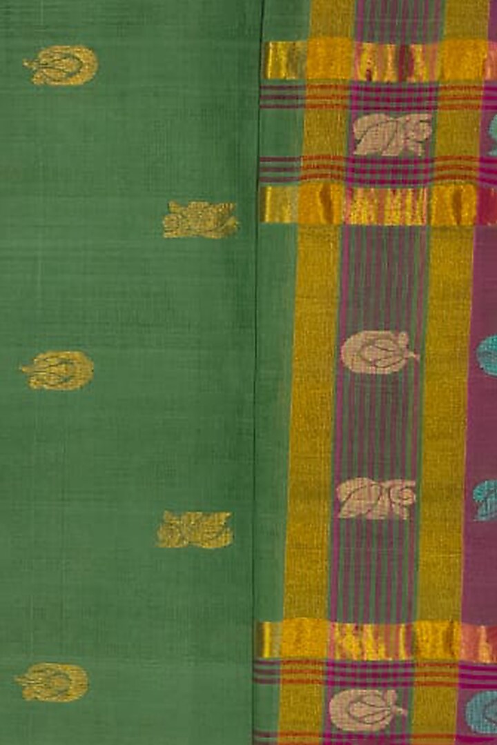 Green Checkered & Striped Handwoven Saree by Ravindra at Pernia's Pop Up Shop