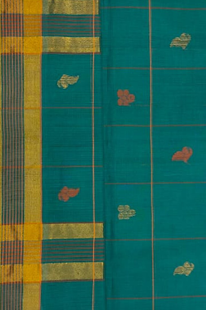 Green Checkered Handwoven Saree by Ravindra at Pernia's Pop Up Shop