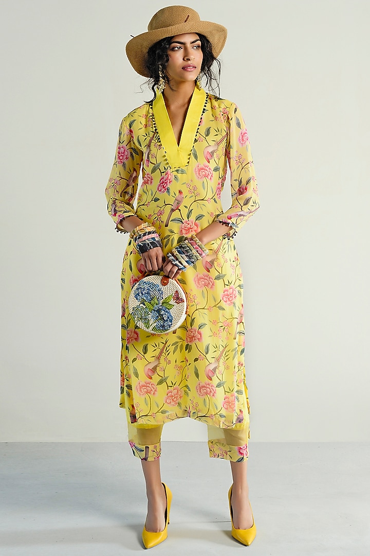 Yellow Printed & Embroidered Kurta With Pants by Rishi & Vibhuti Pret