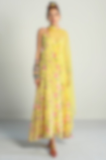 Yellow Printed & Embroidered Kurta With Cape by Rishi & Vibhuti Pret at Pernia's Pop Up Shop