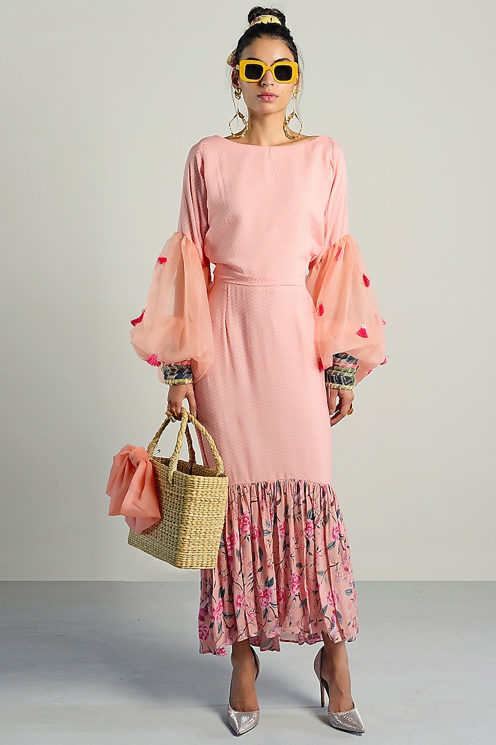 Peach Floral Printed Skirt Set by Rishi & Vibhuti Pret