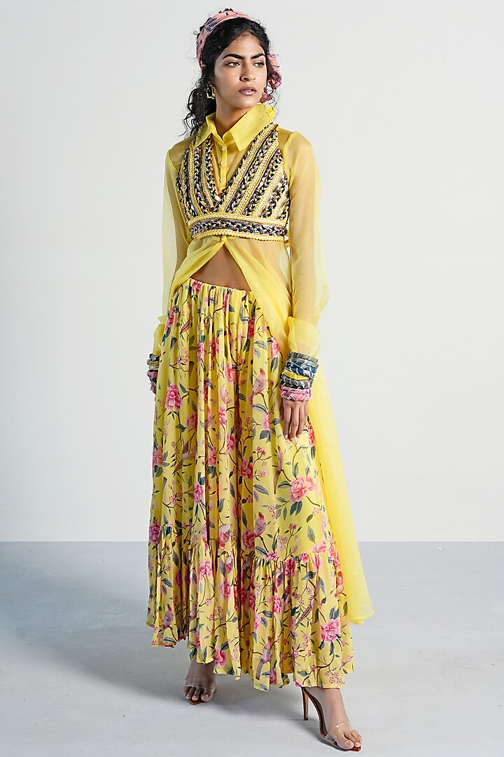 Yellow Embroidered Gharara Set by Rishi & Vibhuti Pret