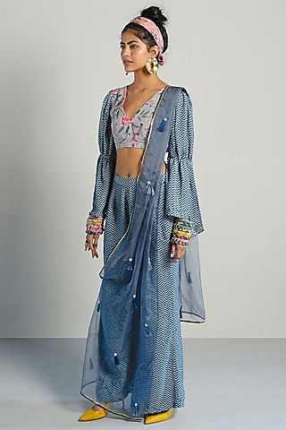 Grey Printed Top With Pants & Drape by Rishi & Vibhuti Pret