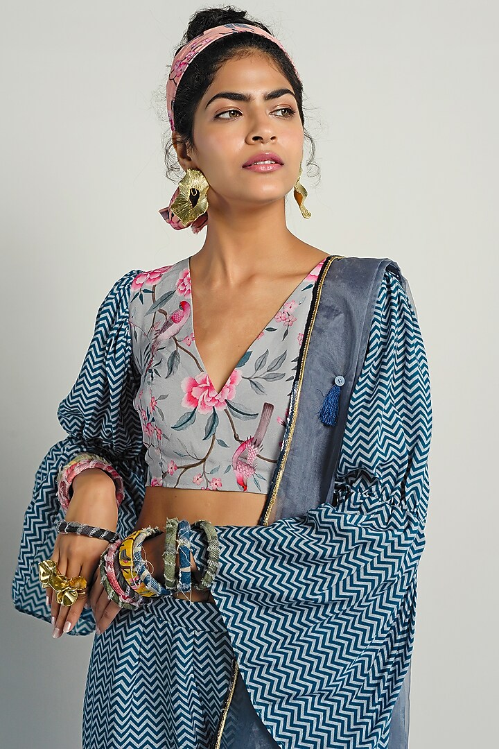 Grey Printed Top With Pants & Drape by Rishi & Vibhuti Pret at Pernia's Pop Up Shop