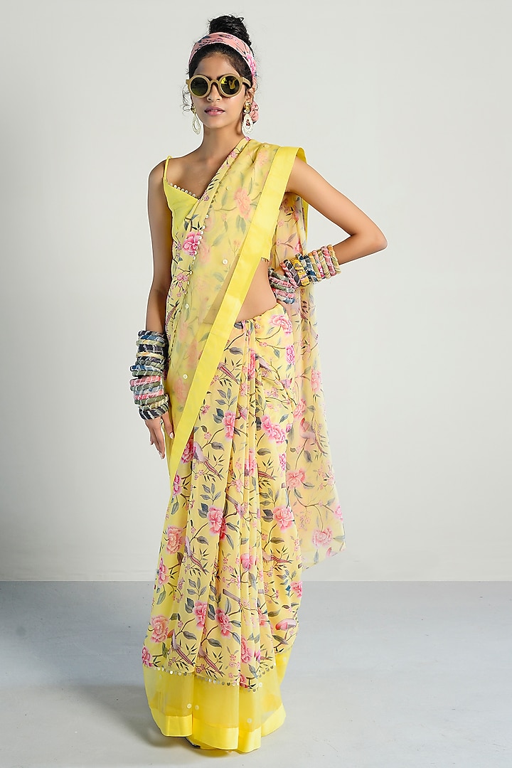 Yellow Printed Saree Set by Rishi & Vibhuti Pret
