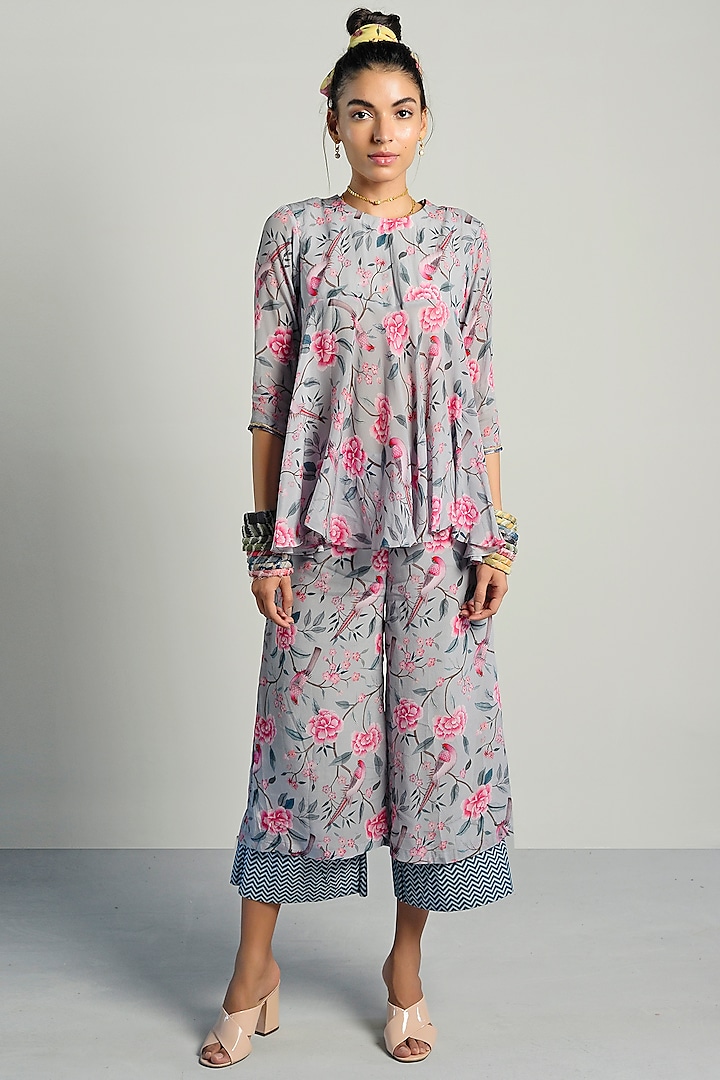 Grey Printed Top With Pants by Rishi & Vibhuti Pret