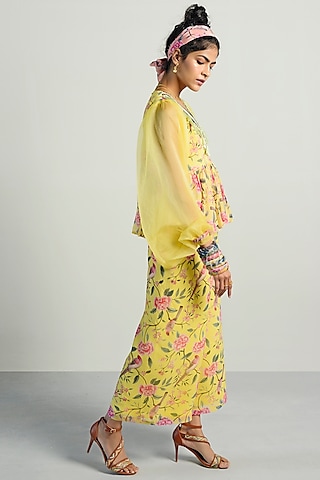 Yellow Printed Peplum Top With Pants by Rishi & Vibhuti Pret
