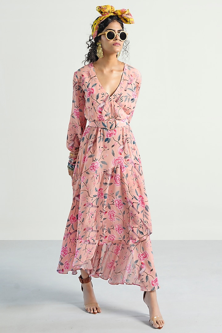 Peach Printed Wrap Dress by Rishi & Vibhuti Pret