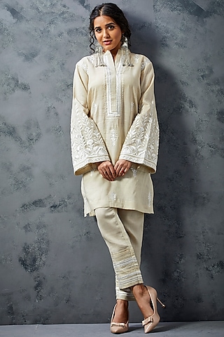 Beige Embroidered Kurta Set by The Royaleum Atelier
