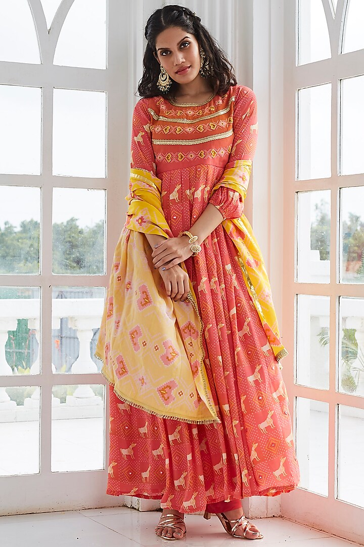 Coral Printed Anarkali Set by The Royaleum Atelier