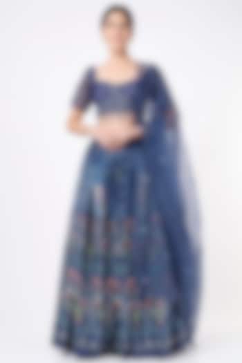 Cobalt Blue Floral Printed Wedding Lehenga Set by The Royaleum Atelier at Pernia's Pop Up Shop