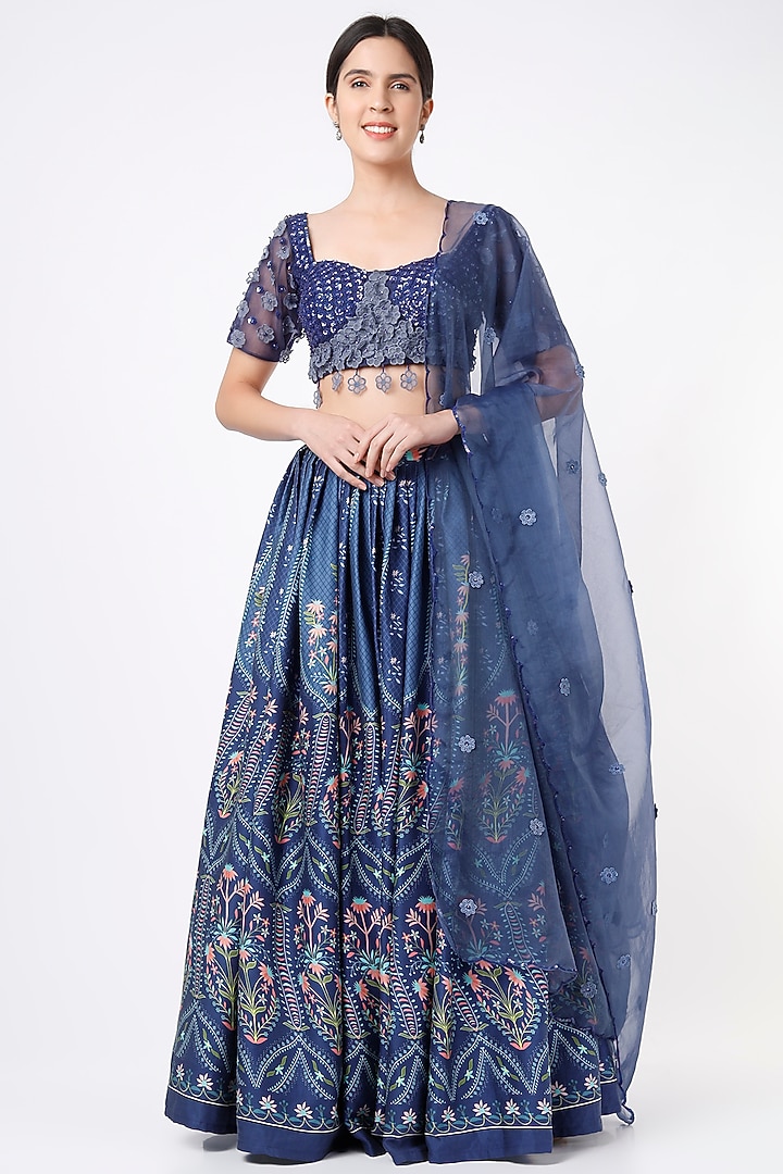 Cobalt Blue Floral Printed Wedding Lehenga Set by The Royaleum Atelier at Pernia's Pop Up Shop