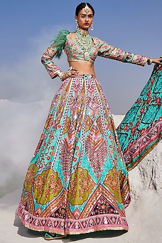 Aqua Blue Upada Silk Hand Embroidered Lehenga Set by The Royaleum Atelier