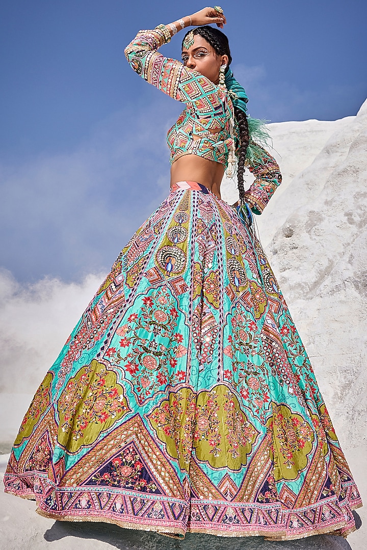 Aqua Blue Upada Silk Hand Embroidered Bridal Lehenga Set by The Royaleum Atelier at Pernia's Pop Up Shop