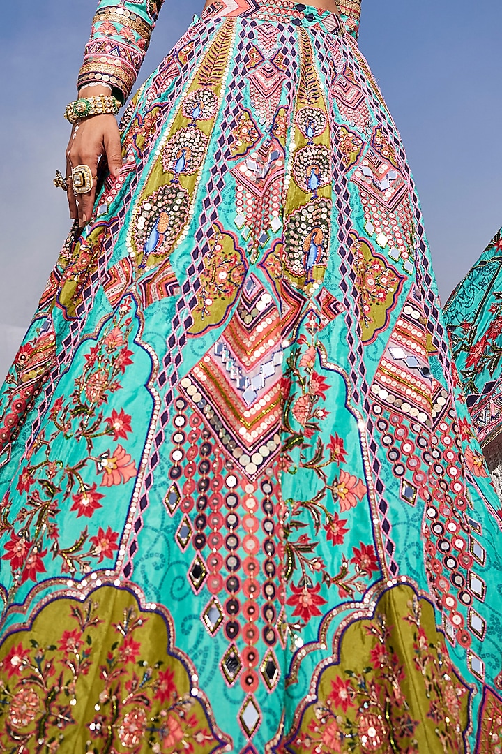 Aqua Blue Upada Silk Hand Embroidered Bridal Lehenga Set by The Royaleum Atelier at Pernia's Pop Up Shop