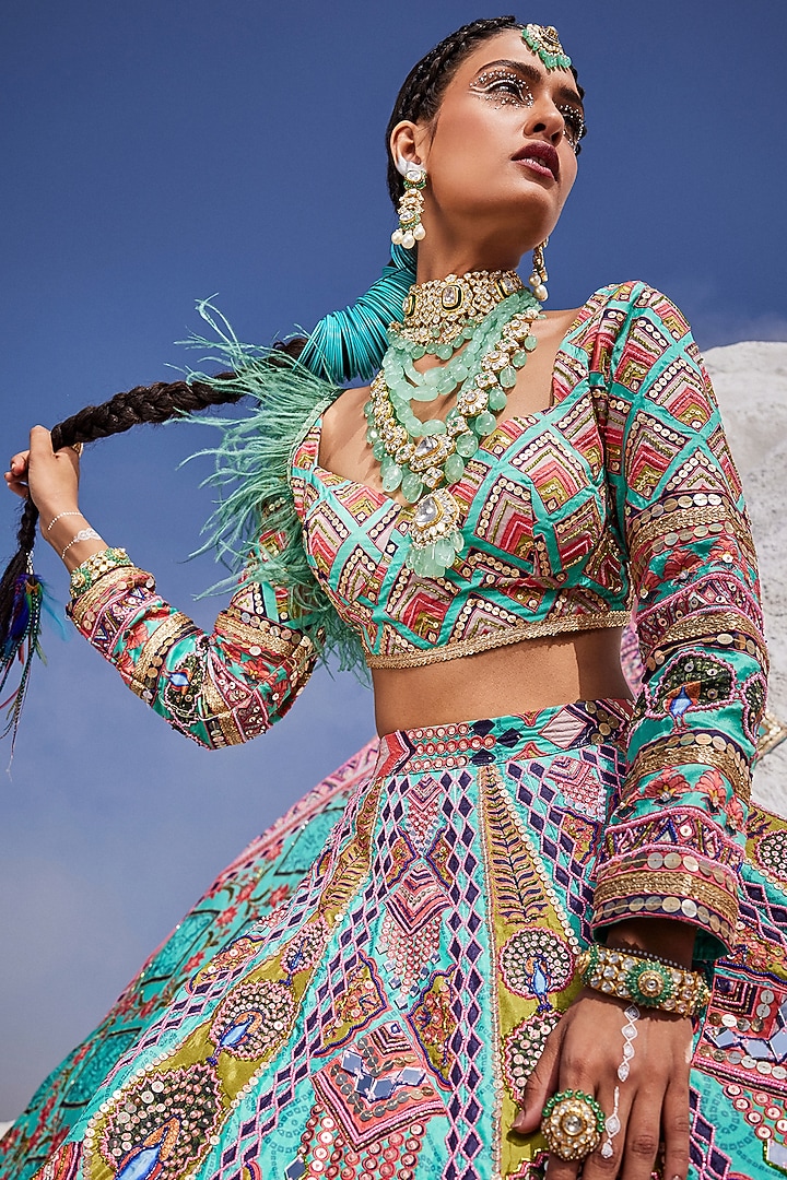 Aqua Blue Upada Silk Hand Embroidered Bridal Lehenga Set by The Royaleum Atelier at Pernia's Pop Up Shop