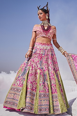 Pink & Green Upada Silk Hand Embroidered Lehenga Set by The Royaleum Atelier