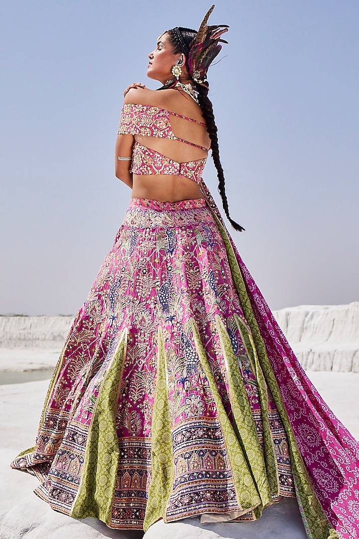 Pink & Green Upada Silk Hand Embroidered Bridal Lehenga Set by The Royaleum Atelier at Pernia's Pop Up Shop