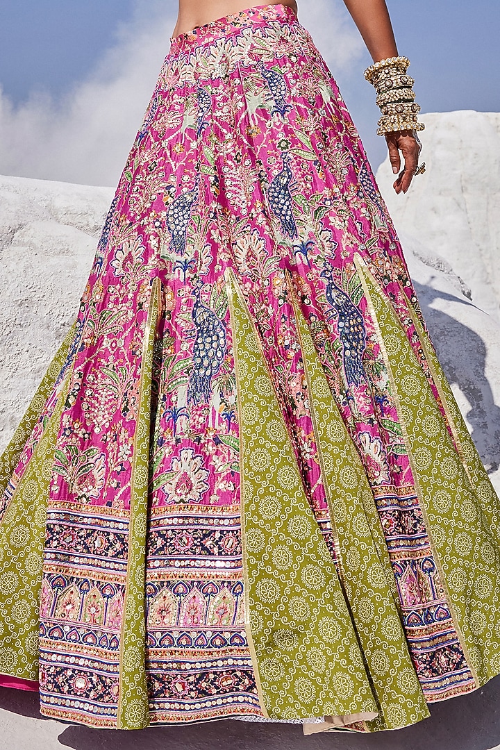 Pink & Green Upada Silk Hand Embroidered Bridal Lehenga Set by The Royaleum Atelier at Pernia's Pop Up Shop