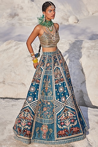Multi-Colored Upada Silk Hand Embroidered Lehenga Set by The Royaleum Atelier