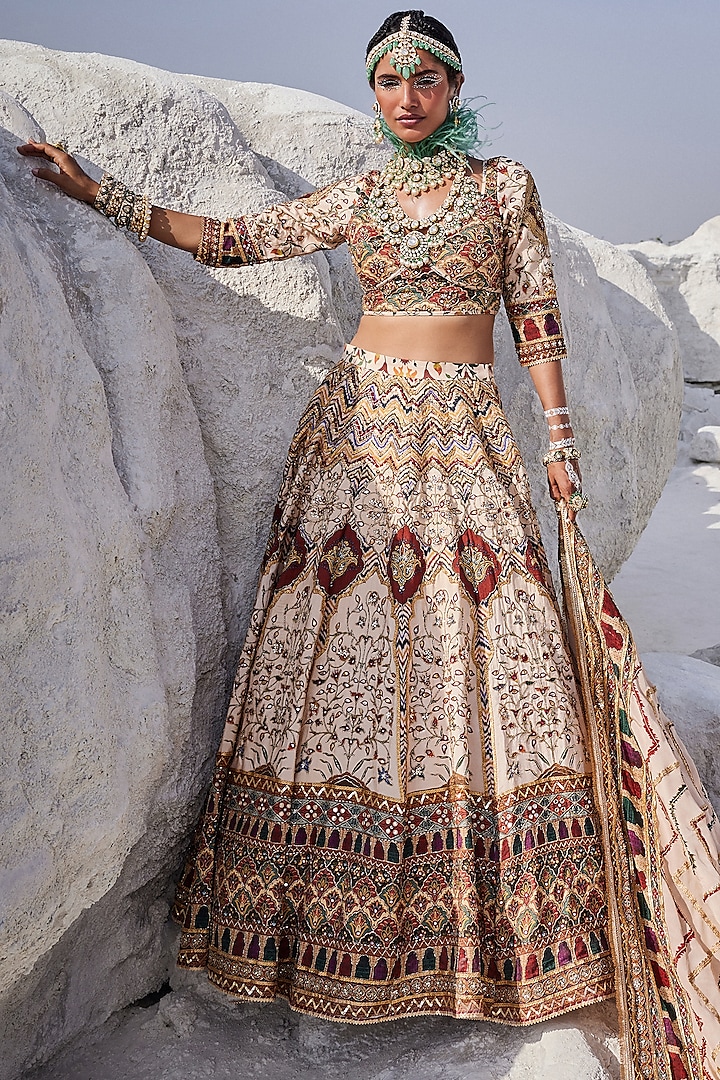 Beige Upada Silk Hand Embroidered Lehenga Set by The Royaleum Atelier