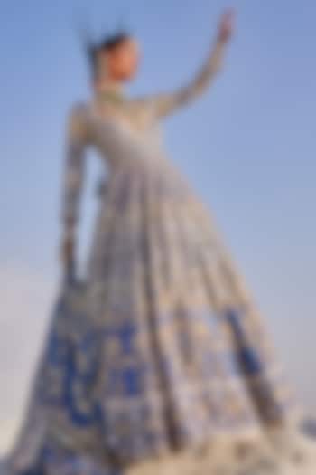 Steel Blue Upada Silk Hand Embroidered Anarkali Set by The Royaleum Atelier