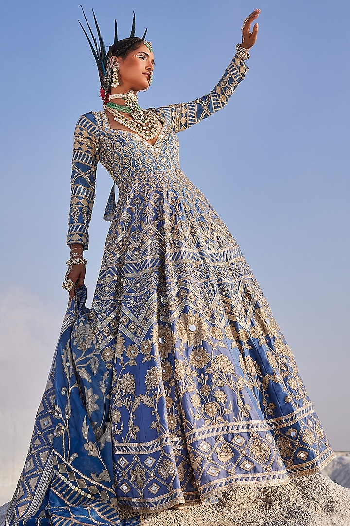 Steel Blue Upada Silk Hand Embroidered Anarkali Set by The Royaleum Atelier