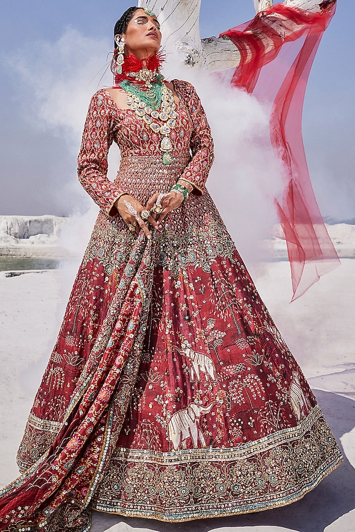 Red Upada Silk Hand Embroidered Anarkali Set by The Royaleum Atelier