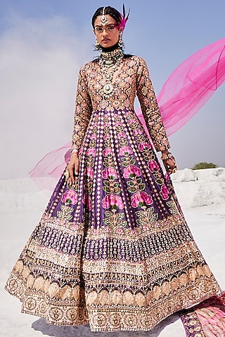 Purple Upada Silk Hand Embroidered Anarkali Set by The Royaleum Atelier
