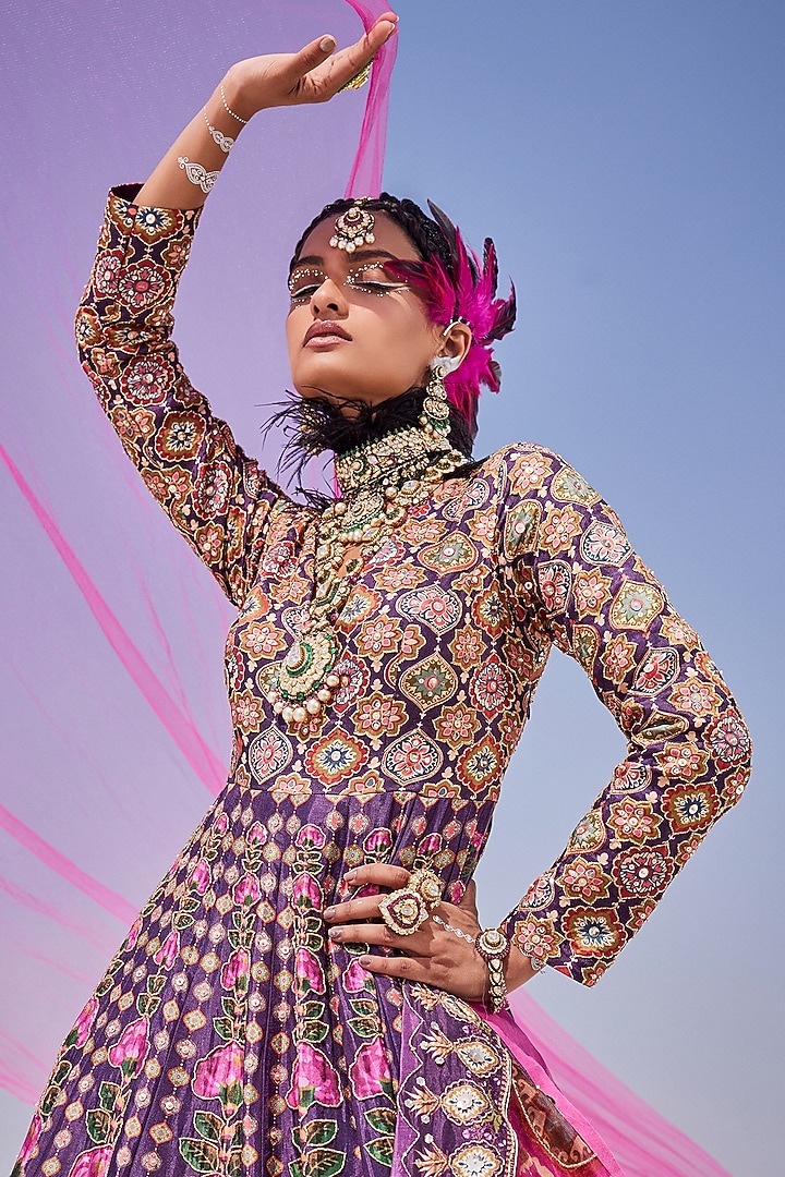 Purple Upada Silk Hand Embroidered Bridal Anarkali Set by The Royaleum Atelier at Pernia's Pop Up Shop