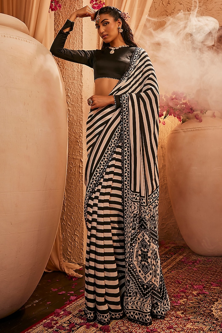 Black & White Silk Stripe Party Wear Saree Set by The Royaleum Atelier at Pernia's Pop Up Shop
