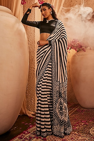 Black & White Silk Stripe Saree Set by The Royaleum Atelier