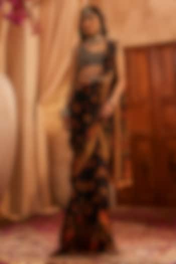 Black Silk Hand Embroidered Wedding Saree Set by The Royaleum Atelier at Pernia's Pop Up Shop