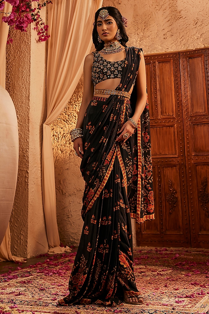 Black Silk Hand Embroidered Wedding Saree Set by The Royaleum Atelier at Pernia's Pop Up Shop