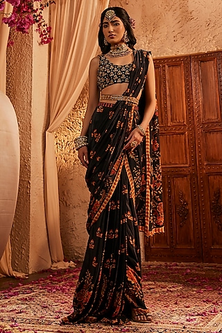 Black Silk Hand Embroidered Saree Set by The Royaleum Atelier