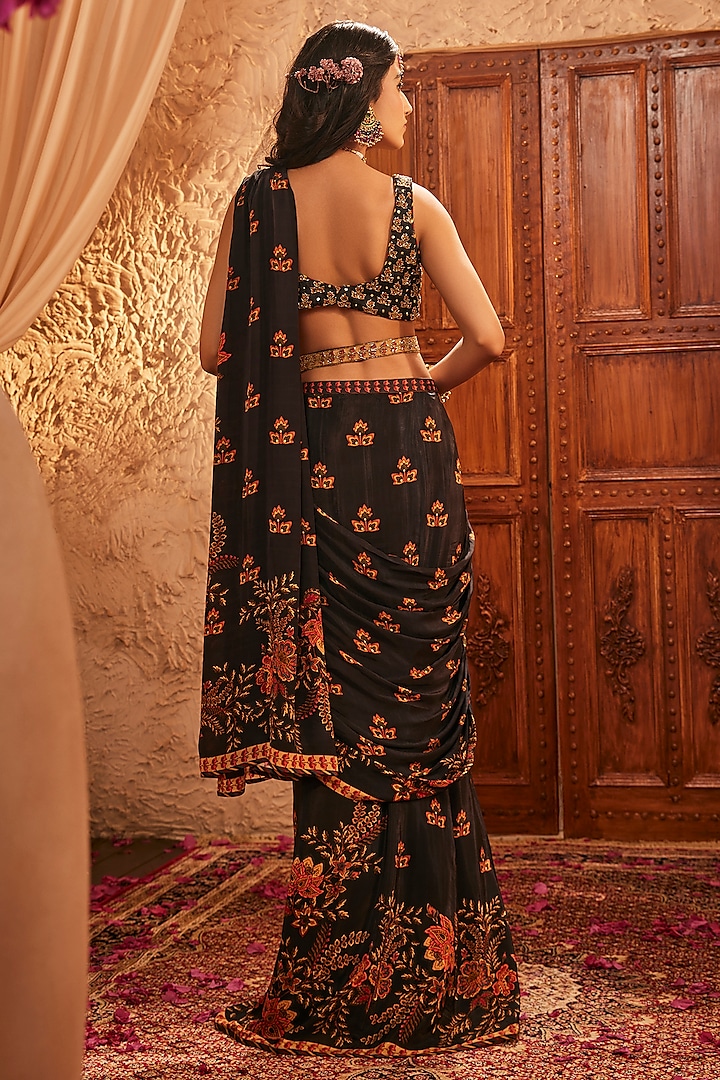 Black Silk Hand Embroidered Wedding Saree Set by The Royaleum Atelier at Pernia's Pop Up Shop
