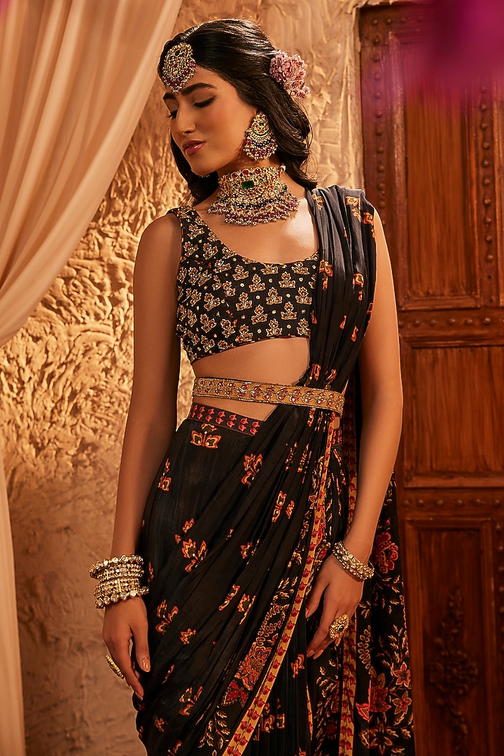 Black Silk Hand Embroidered Wedding Saree Set by The Royaleum Atelier at Pernia's Pop Up Shop