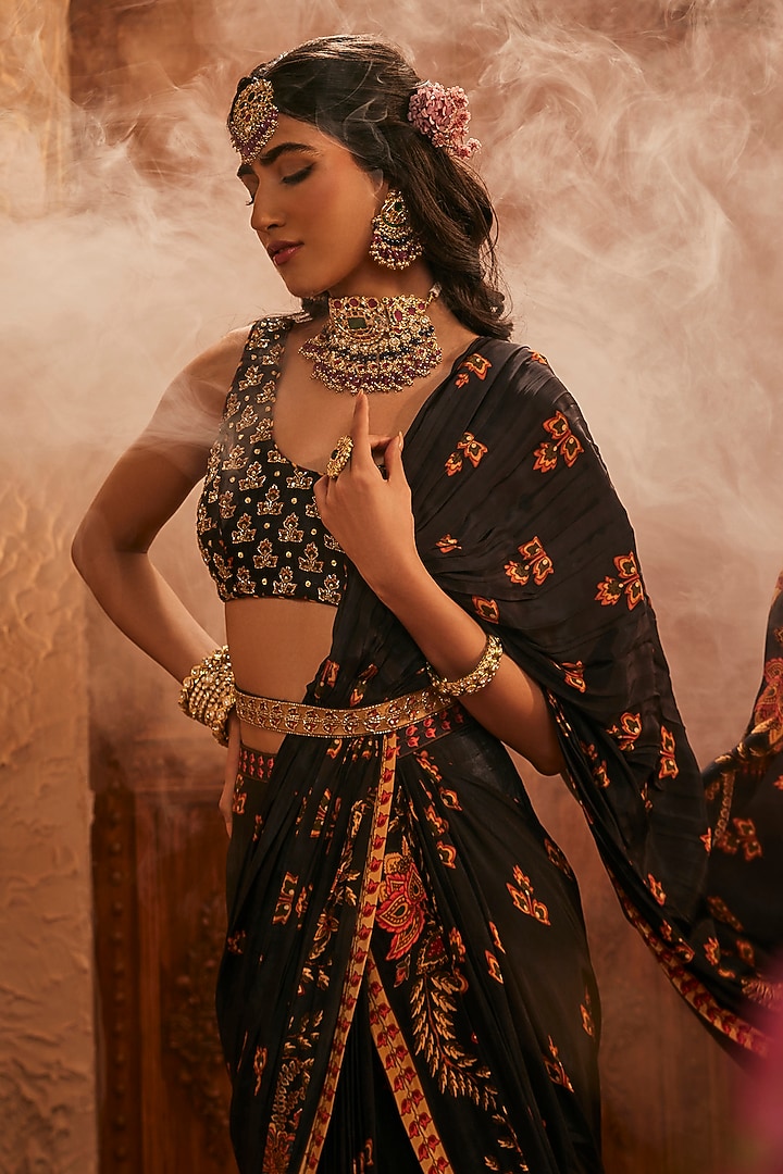 Black Silk Hand Embroidered Wedding Saree Set by The Royaleum Atelier at Pernia's Pop Up Shop