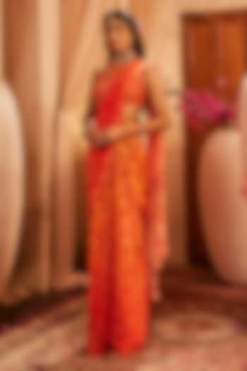 Fiery Red & Orange Silk Hand Embroidered Draped Wedding Saree Set by The Royaleum Atelier at Pernia's Pop Up Shop