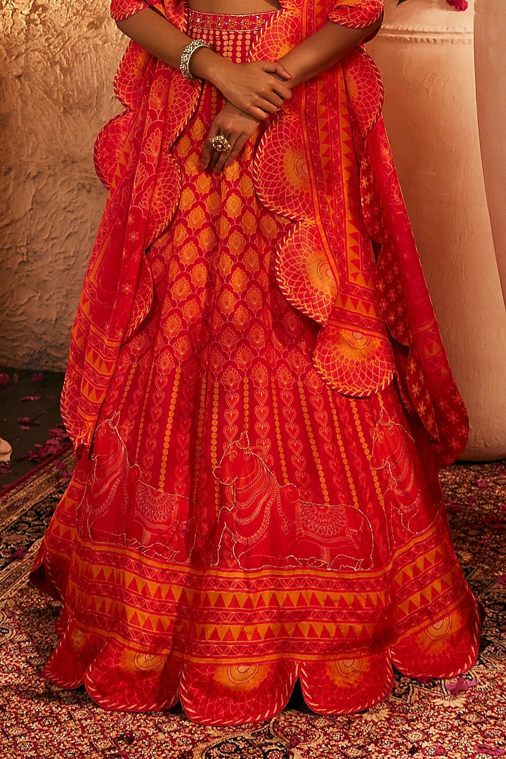 Fiery Red & Orange Silk Hand Embroidered Wedding Lehenga Set by The Royaleum Atelier at Pernia's Pop Up Shop