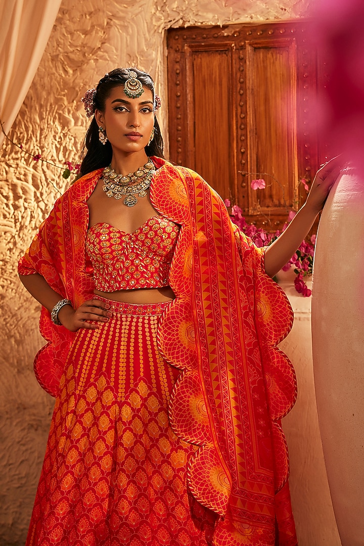 Fiery Red & Orange Silk Hand Embroidered Wedding Lehenga Set by The Royaleum Atelier at Pernia's Pop Up Shop