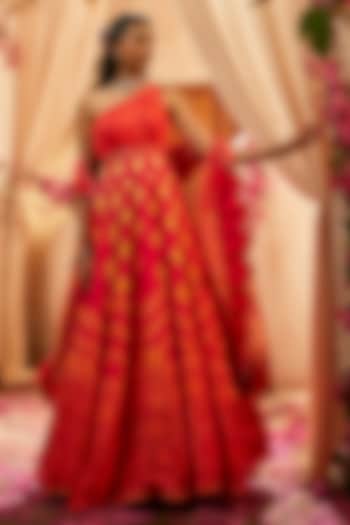 Fiery Red & Orange Silk Hand Embroidered & Printed Wedding Anarkali Set by The Royaleum Atelier at Pernia's Pop Up Shop