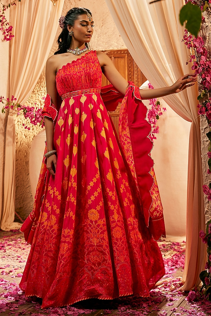 Fiery Red & Orange Silk Hand Embroidered & Printed Wedding Anarkali Set by The Royaleum Atelier at Pernia's Pop Up Shop