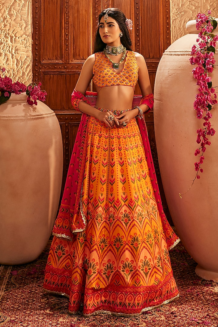 Pink & Yellow Silk Hand Embroidered Wedding Lehenga Set by The Royaleum Atelier at Pernia's Pop Up Shop