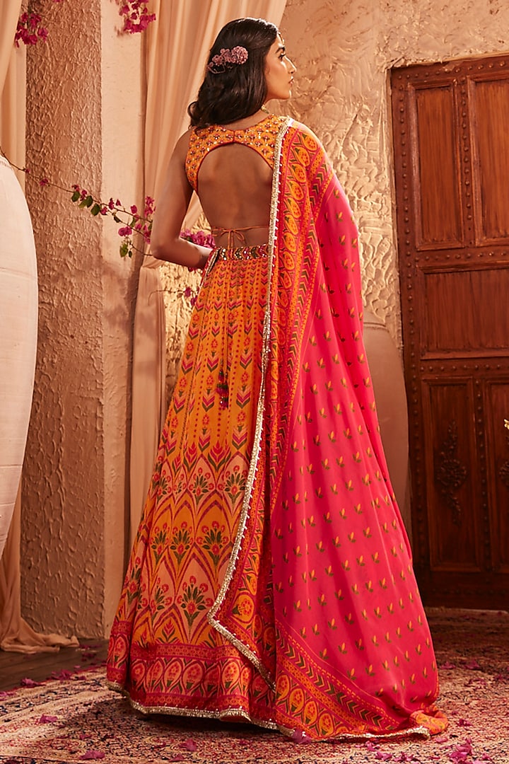 Pink & Yellow Silk Hand Embroidered Wedding Lehenga Set by The Royaleum Atelier at Pernia's Pop Up Shop