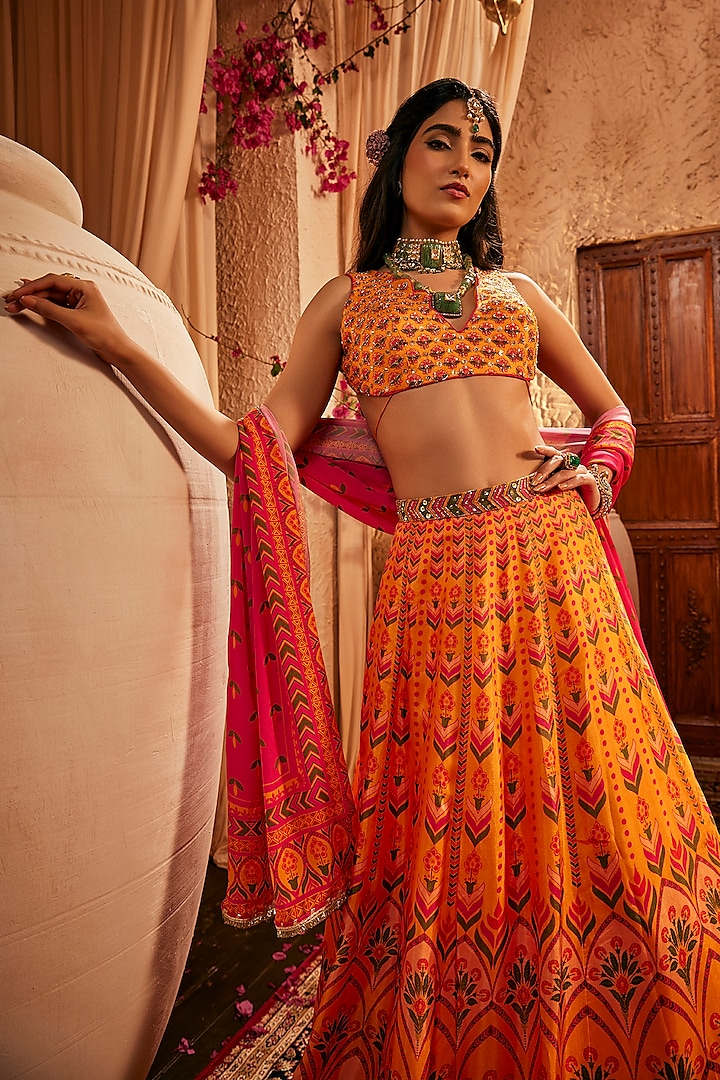 Pink & Yellow Silk Hand Embroidered Wedding Lehenga Set by The Royaleum Atelier at Pernia's Pop Up Shop
